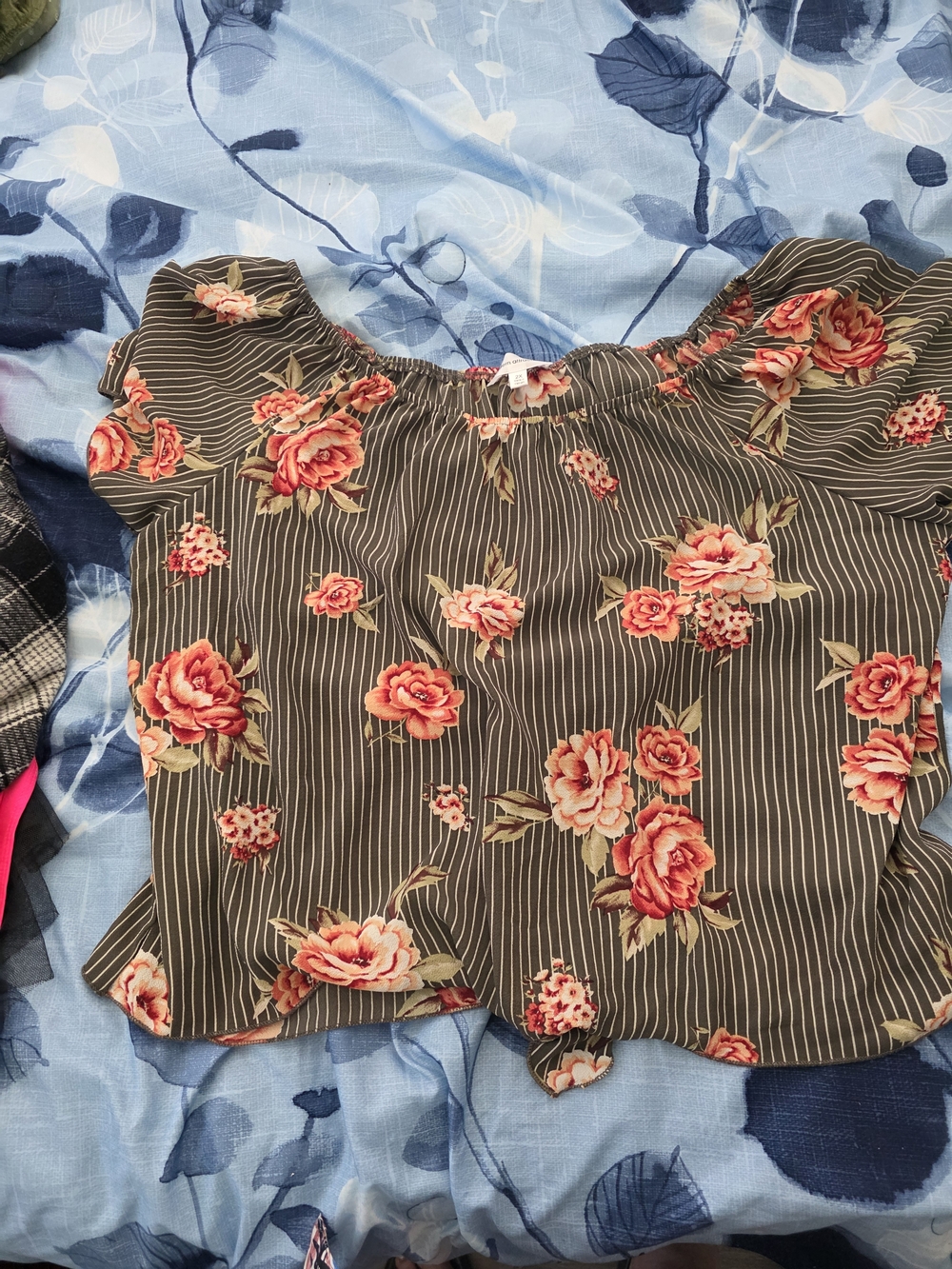Floral Off-Shoulder Women’s Top in Olive with Pink Roses